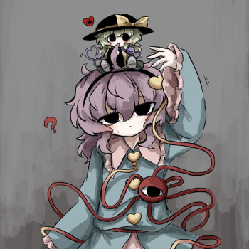 2girls ? aqua_shirt arm_up black_eyes black_hat bow buttons closed_mouth commentary_request eating_hair frilled_shirt_collar frills green_hair grey_background hair_in_another's_mouth hat hat_bow hat_ribbon heart heart_button heart_of_string heripantomorrow komeiji_koishi komeiji_satori long_sleeves medium_hair mini_person minigirl multiple_girls on_head person_on_head purple_hair ribbon shirt shoes siblings sisters sitting third_eye touhou upper_body wide_sleeves yellow_bow yellow_ribbon