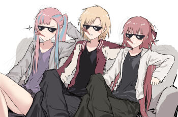 Rule 34 | 3girls, bang dream!, bang dream! girls band party!, black pants, black shirt, black skirt, blonde hair, blue streaks, cardigan, commentary, crossed legs, deal with it (meme), green pants, grey cardigan, grin, hand on another's head, highres, jacket, long sidelocks, long sleeves, medium hair, meme, miniskirt, mouth hold, multiple girls, nyubara reona, open cardigan, open clothes, open jacket, pants, pink hair, purple shirt, red jacket, sato masuki, shirt, sidelocks, sitting, skirt, smile, sparkle, sunglasses, tamade chiyu, twintails, v-shaped eyebrows, white cardigan, yukitake (bullfalk)