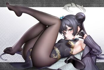 1girl absurdres armpits bare_shoulders black_dress black_gloves black_hair black_jacket black_pantyhose blue_archive blush braid braided_bun breasts butterfly_hair_ornament china_dress chinese_clothes covered_navel dorsiflexion double_bun dragon_print dress feet foot_up gloves grey_eyes grey_halo hair_bun hair_ornament halo high_heels highres jacket kisaki_(blue_archive) knees_up legs letterboxed loli long_hair looking_at_viewer lying no_shoes on_back pantyhose parted_lips pelvic_curtain pinstripe_jacket pinstripe_pattern print_background print_dress pumps shoes sleeveless sleeveless_dress small_breasts soles solo striped_clothes striped_jacket thighs toe_seam toes twintails twitter_username unworn_shoes ushiko_xiansheng vertical-striped_clothes vertical-striped_jacket