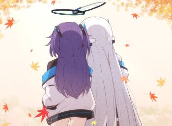 2girls autumn black_shirt blue_archive commentary_request from_behind halo headgear highres jacket jacket_partially_removed karikura_(atatata71) leaf long_hair long_sleeves maple_leaf mechanical_halo multiple_girls noa_(blue_archive) purple_hair shirt shoulder-to-shoulder side-by-side standing two_side_up very_long_hair white_shirt yuuka_(blue_archive)