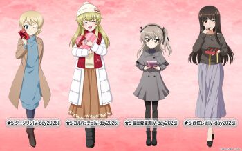4girls beanie black_boots black_bow black_hairband black_pantyhose black_ribbon black_shoes blonde_hair blue_dress blue_eyes blue_pants blue_sweater blunt_bangs blush boots bow box box_of_chocolates braid brown_boots brown_coat brown_eyes brown_hair brown_skirt carpaccio_(girls_und_panzer) casual character_name chocolate closed_eyes coat collarbone commentary_request darjeeling_(girls_und_panzer) dress expressionless food full_body gift girls_und_panzer girls_und_panzer_senshadou_daisakusen! gradient_background grey_dress grey_sweater hairband hat hat_bow heart-shaped_box highres holding holding_chocolate holding_food holding_gift jewelry legs long_hair long_skirt long_sleeves looking_at_viewer multiple_girls necklace nishizumi_shiho official_art one_eye_closed one_side_up pants pantyhose pink_bow pom_pom_(clothes) pom_pom_beanie puffy_coat puffy_shoes purple_skirt red_background red_scarf ribbon scarf shimada_arisu shoes short_hair skirt smile standing sweater sweater_dress translated turtleneck valentine white_coat white_hat yellow_sweater