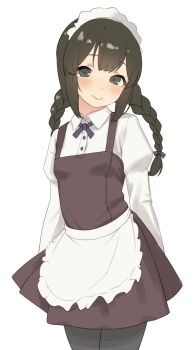 1girl alternate_costume apron blue_ribbon blush braid brown_dress brown_eyes brown_hair closed_mouth collared_shirt cowboy_shot dress enmaided frilled_apron frills hair_between_eyes hair_ribbon head_tilt highres isonami_(kancolle) juliet_sleeves kantai_collection long_hair long_sleeves looking_at_viewer maid maid_apron maid_headdress neck_ribbon pantyhose puffy_sleeves ribbon sakiecho shirt sidelocks simple_background smile solo standing twin_braids waist_apron white_apron white_background white_shirt