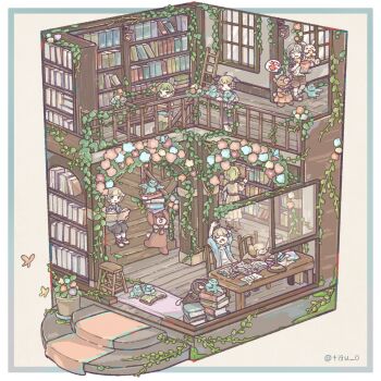 Rule 34 | 3boys, 3girls, ahoge, animal, backpack, bag, bear, bird, blonde hair, blue jacket, book, book stack, bookshelf, border, brown shoes, brown shorts, bug, butterfly, chigu, chips (food), closed mouth, commentary request, dog, eating, floorplan, food, green hair, head wings, highres, holding, holding book, holding food, insect, jacket, multiple boys, multiple girls, open book, open clothes, open jacket, open mouth, original, outside border, rabbit, shirt, shoes, short hair, short sleeves, shorts, sitting, socks, standing, twitter username, white border, white shirt, white socks, window, wings