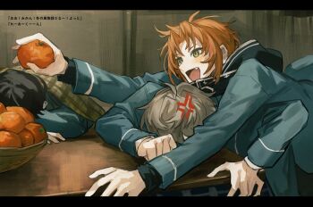 3boys anger_vein black_border black_hair blue_jacket border clenched_hand ensemble_stars! food fruit fruit_basket green_eyes grey_hair head_down holding holding_food holding_fruit jacket kaimen_mo long_sleeves male_focus multiple_boys open_mouth orange_(fruit) orange_hair outstretched_arm sakuma_ritsu school_uniform sena_izumi_(ensemble_stars!) short_hair sleeping smile table tsukinaga_leo upper_body yumenosaki_school_uniform