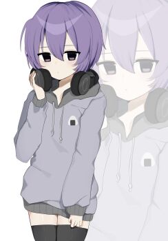 1girl black_thighhighs blue_hair closed_mouth commentary_request cowboy_shot expressionless headphones headphones_around_neck highres hood hoodie purple_eyes purple_hair purple_hoodie shirt short_hair solo standing thighhighs utane_uta utau uuuuua07 white_background
