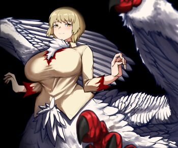 1girl absurdres blonde_hair blood blush body_fur breasts centauroid chimera commentary_request dungeon_meshi elf falin_touden falin_touden_(chimera) feathered_wings feathers highres large_breasts long_hair looking_at_viewer monster_girl nubebenbe pointy_ears red_scales short_hair simple_background smile solo talons taur white_feathers wings yellow_eyes