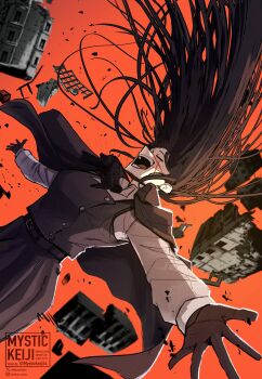1girl absurdres black_cape black_dress black_gloves black_hair building cape chainsaw_man closed_eyes commentary debris destruction dress english_commentary facial_scar gloves highres long_hair mystickeiji24 open_mouth orange_background outstretched_arms pinafore_dress scar scar_on_cheek scar_on_face scar_on_nose shirt sleeveless sleeveless_dress solo white_shirt yoru_(chainsaw_man)