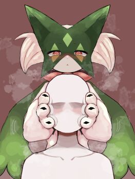 Rule 34 | 2others, :<, @ @, animal hands, animal nose, blush, body fur, breath, brown background, collarbone, faceless, fewer digits, grey fur, grey hair, half-closed eyes, hands on another's cheeks, hands on another's face, looking at viewer, meowscarada, motion lines, multiple others, nintendo, nose blush, open mouth, other focus, pokemon, pokemon (creature), red eyes, rr (user hcrd3433), short hair, simple background, steam, steaming body, straight-on, upper body