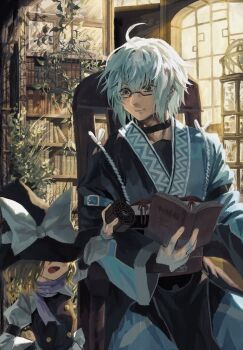 1boy 1girl bababa black_choker black_hat black_vest blonde_hair blue_scarf blush book bookshelf bow brown_eyes buttons cabinet chair choker commentary_request fang foliage grey_hair hat hat_bow hat_over_eyes highres holding holding_book holding_weapon indoors japanese_clothes kirisame_marisa kourindou light_rays light_smile long_sleeves looking_at_another looking_down medium_hair mini-hakkero morichika_rinnosuke on_chair open_book open_mouth plant scarf shirt short_hair sitting skin_fang smile sunbeam sunlight touhou vest vines weapon white_bow white_shirt window witch_hat yin_yang