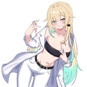 1girl absurdres aizawa_ema armpits bandeau bare_shoulders belt between_fingers black_bandeau blue_eyes breasts bright_pupils cleavage coat collarbone commentary_request cowboy_shot dice earrings gluteal_fold gradient_hair green_hair grin highres holding jewelry long_hair long_sleeves looking_at_viewer medium_breasts midriff multicolored_hair nail_polish navel oldsickkim open_clothes open_coat pants simple_background smile solo stomach strapless tube_top two-tone_hair very_long_hair virtual_youtuber vspo! white_background white_coat white_pants