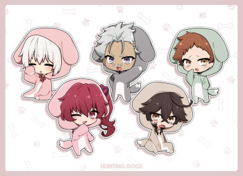 Rule 34 | 1girl, 4boys, :3, ahoge, animal costume, animal ears, animal hood, bell, brown eyes, brown hair, bungou stray dogs, chibi, closed eyes, commentary, cynitx, dog costume, dog ears, dog hood, dog tail, english text, facial hair, facial mark, fake animal ears, fake tail, fang, fukuchi ouchi (bungou stray dogs), group name, hair between eyes, hair ribbon, hood, jouno saigiku (bungou stray dogs), long hair, looking at viewer, mark under eye, multicolored hair, multiple boys, mustache, okura teruko (bungou stray dogs), open mouth, paw print, purple ribbon, red hair, red streaks, ribbon, short hair, side ponytail, simple background, sitting, skin fang, smile, streaked hair, suehiro tetchou (bungou stray dogs), sweatdrop, symbol-only commentary, tachihara michizou (bungou stray dogs), tail, two-tone hair, v-shaped eyebrows, white hair