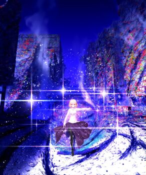 1girl ahoge arcueid_brunestud arm_at_side aura black_pantyhose blonde_hair building city destruction game_cg hair_between_eyes hair_intakes highres jewelry looking_at_viewer necklace non-web_source official_art pantyhose plant purple_skirt red_arcueid red_eyes short_hair side_slit skirt smile sparkle sweater takeuchi_takashi third-party_source tsukihime tsukihime_(remake) turtleneck turtleneck_sweater vines walking_towards_viewer white_sweater wreckage