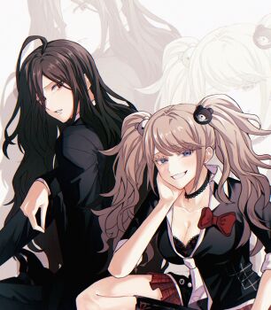 1boy 1girl ahoge bear_hair_ornament black_boots black_choker black_hair black_jacket black_necktie black_pants black_shirt blonde_hair blue_eyes boots bow breasts choker cleavage collarbone danganronpa:_trigger_happy_havoc danganronpa_(series) danganronpa_3_(anime) enoshima_junko grin hair_ornament highres jacket kamukura_izuru long_hair long_sleeves mai_duo miniskirt necktie pants pleated_skirt red_bow red_skirt shirt skirt smile teeth twintails white_necktie zoom_layer