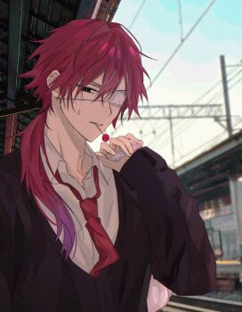 Rule 34 | 1boy, alternate costume, black sweater, blurry, blurry background, candy, commentary, derohrwurm12, eyepatch, food, hair between eyes, highres, korean commentary, lauren iroas, lollipop, lollipop in mouth, long hair, long sleeves, male focus, necktie, nijisanji, outdoors, parted lips, ponytail, power lines, red hair, red necktie, shirt, side ponytail, sky, solo, sweatdrop, sweater, train station, upper body, virtual youtuber, white shirt