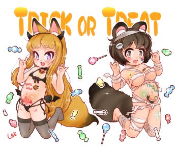 2girls :3 animal_ear_fluff animal_ears arms_up artist_name bandages barefoot bikini black_bikini black_thighhighs blonde_hair blush body_writing breasts brown_eyes brown_hair candy demon_wings double_fox_shadow_puppet fake_horns fake_wings fang feet flat_chest food fox_ears fox_girl fox_shadow_puppet fox_tail groin halloween halloween_costume horns kneeling komugi_(lee) large_breasts lee_(colt) loli lollipop long_hair micro_bikini miku_(lee) multiple_girls mummy_costume naked_bandage navel no_shoes open_mouth original pink_eyes pubic_tattoo raccoon_ears raccoon_girl raccoon_tail short_hair side-tie_bikini_bottom slit_pupils smile stomach swimsuit tail tattoo thighhighs thighs toes transparent_background trick_or_treat wings