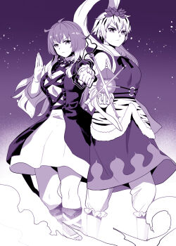 2girls animal_print bead_necklace beads bishamonten&#039;s_pagoda clenched_hand dress feet_out_of_frame frown gradient_hair hagoromo highres hijiri_byakuren jewelry layered_dress long_hair looking_at_viewer monochrome multicolored_hair multiple_girls necklace nekobatake outstretched_arm pants pants_under_dress shawl short_hair side-by-side streaked_hair tiger_print toramaru_shou touhou very_long_hair