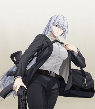 Rule 34 | 1girl, ak-15, ak-15 (erwin) (girls' frontline), ak-15 (girls' frontline), artist name, assault rifle, bag, belt, black belt, black jacket, black pants, breasts, brown background, closed mouth, collared dress, commentary, commission, dress, dress shirt, duffel bag, english commentary, girls' frontline, gradient background, gun, gun sling, hair over one eye, highres, holding, holding gun, holding weapon, jacket, kalashnikov rifle, long hair, matsu arts, official alternate costume, open clothes, open jacket, pants, ponytail, red pupils, rifle, shirt, solo, twitter username, weapon, white shirt