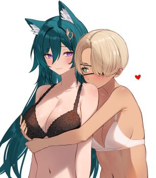 2girls absurdres animal_ear_fluff animal_ears bare_arms bare_shoulders black_bra blush bra breasts brown_hair cleavage collarbone commission covered_mouth eyepatch green_hair hair_between_eyes hair_intakes hair_over_one_eye heart heart-shaped_pupils highres large_breasts long_hair multiple_girls navel original parted_bangs purple_eyes short_hair simple_background symbol-shaped_pupils talnory tan underwear underwear_only upper_body very_long_hair white_background white_bra yuri