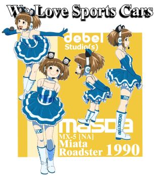 1girl arms_behind_back blue_dress blue_gloves blush_stickers boots breasts brown_eyes brown_hair commentary death_by_lolis dress elbow_gloves english_commentary english_text eunos_roadster frilled_dress frills gloves headset highres holding holding_microphone knee_boots leaning_forward medium_breasts microphone open_mouth original outstretched_arm personification pop-up_headlights short_dress sideways_glance smile thigh_strap twintails white_boots