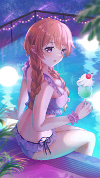 1girl absurdres bikini blush braid breasts brown_hair cherry cleavage commentary_request drinking_straw food fruit hair_between_eyes highres ice_cream ice_cream_float konoe_kanata long_hair looking_at_viewer looking_back love_live! love_live!_nijigasaki_high_school_idol_club medium_breasts mochi_tsu22 night open_mouth outdoors pink_bikini pink_wrist_cuffs pool poolside purple_eyes sitting sky soda solo star_(sky) starry_sky swimsuit thighs twin_braids wrist_cuffs