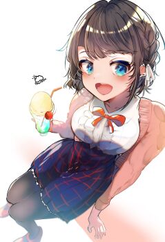 1girl :d absurdres apron arm_at_side artist_name black_pantyhose blue_eyes blue_skirt blush bow bowtie braid breasts brown_hair button_up_skirt cardigan cherry collared_shirt cup drinking_glass drinking_straw emutakanoe food frilled_apron frilled_shirt frills from_above fruit full_body hair_ribbon high-waist_skirt highres holding holding_cup hololive ice_cream long_sleeves looking_at_viewer mary_janes medium_breasts melon_soda oozora_subaru oozora_subaru_(casual) open_mouth pantyhose pink_cardigan plaid_clothes plaid_skirt red_bow red_bowtie red_shoes ribbon shirt shoes short_hair side_braid signature simple_background sitting skirt smile solo swept_bangs virtual_youtuber white_background white_ribbon white_shirt