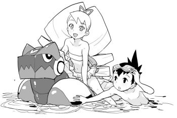 1girl 2boys bad_id bikini bow drill_hair eyewear_on_head geo_stelar_(mega_man) greyscale hair_bow heriyama long_hair luna_platz_(mega_man) mega_man_(series) mega_man_star_force_(series) midriff monochrome multiple_boys omega-xis_(mega_man) open_mouth smile swimming swimsuit twin_drills very_long_hair water wet