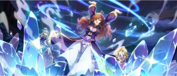 4girls :o ahoge aqua_(konosuba) armor arms_up aura blonde_hair blue_eyes blue_hair blue_shirt blue_skirt bow bowtie breasts brooch brown_eyes brown_hair cross cross_brooch cryokinesis darkness_(konosuba) detached_sleeves dress from_below game_cg gold_trim green_bow green_bowtie hair_ornament hair_over_one_eye hair_rings highres ice jewelry kono_subarashii_sekai_ni_shukufuku_wo! konosuba!_fantastic_days large_breasts light_blue_hair light_particles long_dress long_hair magic miniskirt multiple_girls official_art open_mouth ponytail protecting purple_dress purple_robe robe shirt sidelocks single_hair_ring skirt sleeveless sleeveless_shirt steam two-tone_dress v-shaped_eyebrows wavy_hair white_dress wing_brooch wiz_(konosuba) x_hair_ornament