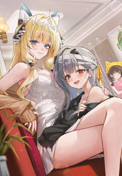 3girls blonde_hair blue_eyes braid brown_eyes brown_hair chime_(nikke) closed_mouth collarbone crown_(nikke) dress goddess_of_victory:_nikke green_hair grey_hair hair_intakes hair_tubes hand_on_another&#039;s_shoulder hat highres long_hair meoyo modernia_(nikke) multiple_girls open_mouth plant sitting sleeves_past_wrists smile teeth upper_teeth_only white_dress yellow_hat