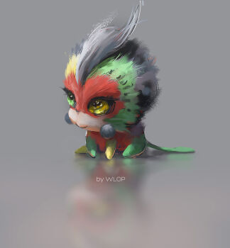 1other animal_focus character_request copyright_request full_body green_eyes heterochromia looking_to_the_side mohawk monkey reflective_floor sitting solo wlop yellow_eyes