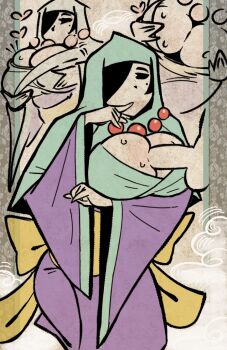 Rule 34 | 1boy, 1girl, animated, animated gif, black hair, breast press, breasts, cleavage, disembodied penis, floral background, hetero, hood, index finger raised, jewelry, kneeling, large breasts, mole, mole under eye, necklace, ookami (game), paizuri, penis, perpendicular paizuri, pinky out, pokannnn, priestess, rao, robe, sweat