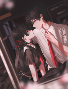 1boy 1girl adjusting_clothes adjusting_necktie alternate_costume arm_around_back artist_name black_choker black_hair black_pants black_serafuku black_shirt black_skirt blurry blurry_foreground blush chisa_(wuthering_waves) choker commentary dutch_angle english_commentary eye_contact from_outside hair_ribbon highres iamnk indoors long_hair looking_at_another male_rover_(wuthering_waves) neckerchief necktie pants parted_lips red_eyes red_neckerchief red_necktie red_ribbon ribbon rover_(wuthering_waves) sailor_collar school_uniform serafuku shirt short_sleeves skirt tacet_mark_(wuthering_waves) white_sailor_collar white_shirt wuthering_waves yellow_eyes