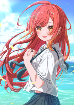 1girl absurdres blue_sky bule_blue_2 cloud commentary_request floating_hair from_side green_neckerchief highres long_hair looking_at_viewer neckerchief nekota_tsuna ocean open_mouth orange_eyes outdoors sailor_collar school_uniform shirt short_sleeves skirt sky smile virtual_youtuber vspo! white_sailor_collar white_shirt