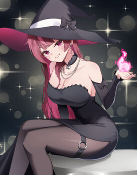 1girl bare_shoulders black_bow black_choker black_dress black_hat black_pantyhose black_sleeves blush bow breasts brown_pantyhose choker cleavage collarbone commentary detached_sleeves dress earrings feet_out_of_frame fire grin hand_up hat hat_bow highres jewelry jururu korean_commentary large_breasts long_hair long_sleeves looking_at_viewer multicolored_hair necklace o-ring o-ring_thigh_strap over-kneehighs pantyhose pink_eyes pink_hair puleudingding purple_eyes purple_hair red_hair side_slit sitting smile solo strapless strapless_dress streaked_hair thigh_strap thighhighs virtual_youtuber waktaverse witch witch_hat
