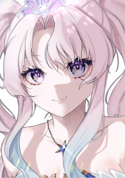 Rule 34 | 1girl, airani iofifteen, airani iofifteen (sci-fi princess), armpit crease, bare shoulders, closed mouth, commentary, curtained hair, english commentary, eyelashes, eyeliner, highres, hololive, hololive indonesia, icy artzy, jewelry, long hair, looking at viewer, makeup, necklace, official alternate costume, official alternate hairstyle, pink hair, portrait, purple eyes, red eyeliner, simple background, smile, solo, star (symbol), star in eye, symbol in eye, tiara, twintails, virtual youtuber, white background