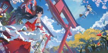 3girls beach black_shoes black_skirt black_vest blonde_hair blue_sky broom broom_riding chest_sarashi closed_mouth cloud commentary_request detached_sleeves frilled_hair_tubes frills gohei hair_tubes hakurei_reimu hat highres holding holding_gohei holding_umbrella kirisame_marisa long_hair looking_ahead looking_at_another mary_janes midriff_peek multiple_girls nontraditional_miko outdoors parasol puffy_short_sleeves puffy_sleeves qianeyejiaorouji red_skirt sarashi shirt shoes short_sleeves shrine sidesaddle skirt sky socks spring_(season) torii touhou umbrella vest white_shirt white_socks white_umbrella wide_sleeves witch_hat yakumo_yukari