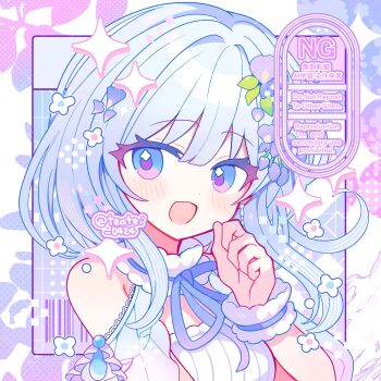 Rule 34 | 1girl, :d, bare shoulders, blue hair, blush, commentary, commission, dot nose, flower, frilled wrist cuffs, frills, hair flower, hair ornament, hand up, highres, long hair, looking at viewer, open mouth, original, portrait, purple eyes, shirocha tei, shirt, skeb commission, smile, solo, sparkle, twitter username, watermark, white shirt, wrist cuffs