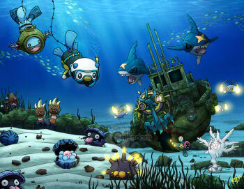 anchor artist_name binacle bioluminescence black_sclera chinchou clamperl closed_eyes closed_mouth clothed_pokemon colored_sclera commentary crate cursola debris dhelmise ditto diving diving_helmet eelektrik english_commentary fangs fish flippers gen_1_pokemon gen_2_pokemon gen_3_pokemon gen_5_pokemon gen_6_pokemon gen_7_pokemon gen_8_pokemon glowing goggles helmet light_rays nintendo no_humans open_mouth oshawott pincurchin pokemon pokemon_(creature) pokemon_focus red_eyes rock rust school_of_fish scuba_gear seashell seaweed sharp_teeth sharpedo shell shellder ship's_wheel shipwreck signature skrelp smile snorkel spikes swim_goggles teeth thecalendork tongue tongue_out transformed_ditto underwater watermark wooper