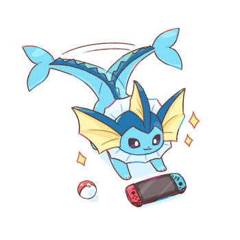 animal_focus blue_fur cetacean_tail closed_mouth fins fish_tail forked_tail full_body gen_1_pokemon head_fins highres neko_gyoza nintendo nintendo_switch no_humans poke_ball pokemon pokemon_(creature) pokemon_focus simple_background smile solo star_(symbol) tail tail_wagging vaporeon white_background