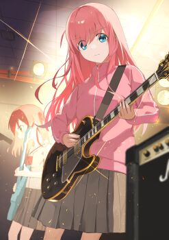 Rule 34 | 2girls, amplifier, blue eyes, bocchi the rock!, bow, bowtie, closed mouth, commentary, detached sleeves, electric guitar, gotoh hitori, green eyes, grey skirt, guitar, guitar strap, highres, indoors, instrument, jacket, kita ikuyo, light particles, long hair, multiple girls, music, one side up, pink hair, pink jacket, playing guitar, playing instrument, pleated skirt, rakkasei, red bow, red bowtie, red hair, school uniform, serafuku, shuka high school uniform, skirt