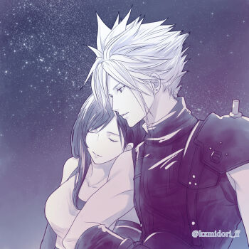 1boy 1girl armor black_hair breasts closed_eyes closed_mouth cloud_strife collarbone commentary_request couple crop_top earrings elbow_gloves final_fantasy final_fantasy_vii final_fantasy_vii_remake gloves head_on_another's_shoulder hetero himmelisch-garten jewelry large_breasts long_hair night outdoors profile ribbed_sweater short_hair shoulder_armor single_bare_shoulder sky sleeveless sleeveless_turtleneck spiked_hair star_(sky) starry_sky stud_earrings suspenders sweater tank_top tifa_lockhart turtleneck turtleneck_sweater twitter_username upper_body white_tank_top