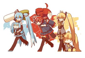 3girls :d ahoge akita_neru antenna_hair aqua_eyes aqua_hair aqua_necktie aqua_trim arm_behind_back arm_tattoo bare_shoulders belt black_boots black_shirt black_skirt black_sleeves blonde_hair boots closed_mouth collared_shirt comedic_sweatdrop commentary detached_sleeves double-parted_bangs drill_hair food fumo_(doll) hair_between_eyes hair_tie hatsune_miku headset highres holding holding_food holding_phone holding_spring_onion holding_stuffed_toy holding_vegetable kasane_teto kasane_teto_(utau) long_hair looking_at_viewer looking_to_the_side loose_belt midoxxrx miniskirt multiple_girls necktie open_mouth phone pixel_art red_eyes red_hair red_trim shirt side_ponytail simple_background skirt sleeveless sleeveless_shirt smile spring_onion standing stuffed_animal stuffed_toy tattoo thigh_boots tie_clip triple_baka_(vocaloid) twin_drills twintails utau vegetable very_long_hair vocaloid walking white_background yellow_eyes yellow_necktie yellow_trim