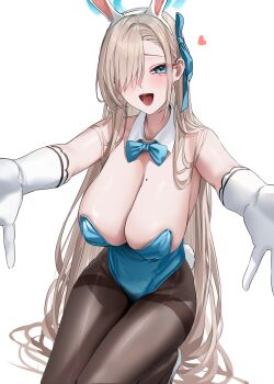 1girl absurdres animal_ear_hairband animal_ears asuna_(blue_archive) asuna_(bunny)_(blue_archive) bare_shoulders blonde_hair blue_archive blue_bow blue_bowtie blue_eyes blue_halo blue_leotard blue_ribbon blush bow bowtie breasts cleavage covered_groin detached_collar fake_animal_ears fake_tail gloves hair_over_one_eye hair_ribbon hairband halo highleg highleg_leotard highres large_breasts leotard long_hair looking_at_viewer mole mole_on_breast open_mouth pantyhose rabbit_ear_hairband rabbit_ears rabbit_tail reaching reaching_towards_viewer ribbon smile solo strapless strapless_leotard tail thighband_pantyhose very_long_hair wanne white_background white_gloves