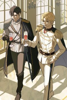 2boys alberu_crossman alcohol armor black_cape black_hair blonde_hair blue_eyes cape choi_han commentary_request cup drinking_glass epaulettes gloves holding holding_cup indoors korean_commentary lout_of_count&#039;s_family male_focus military military_uniform multiple_boys pants pauldrons short_hair shoulder_armor smile sword uu_1001 weapon white_pants window wine wine_glass