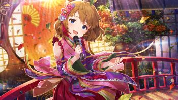 1girl blue_eyes bridge brown_hair commentary_request detached_sleeves dress flower game_cg hair_flower hair_ornament holding holding_microphone idolmaster idolmaster_million_live! idolmaster_million_live!_theater_days japanese_clothes looking_at_viewer microphone multicolored_dress official_alternate_costume official_art open_mouth short_hair sleeveless sleeveless_dress solo suou_momoko third-party_source