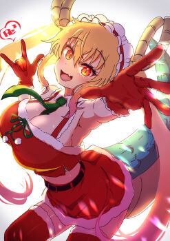 armpits belt blonde_hair breasts christmas cleavage dragon_girl dragon_horns dragon_tail gloves happy headdress horns kobayashi-san_chi_no_maidragon large_breasts maid_headdress midriff necktie open_mouth orange_eyes reiwa_rerere ribbon santa_costume skirt smile tail thighhighs tohru_(maidragon) twintails