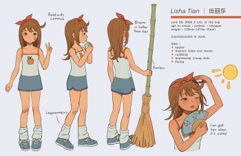 1girl absurdres bandaid bandaid_on_cheek bandaid_on_face bare_shoulders blue_shoes blue_skirt blush bow_hairband broom brown_eyes brown_hair camisole character_name character_profile collarbone commentary english_commentary english_text full_body hairband hand_fan height highres holding holding_broom hot juice_box long_hair loose_socks multiple_views one_eye_closed open_mouth original print_camisole red_hairband reference_sheet shoes simple_background skirt socks solo standing sweat tan white_background wonemie