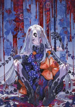 1girl abigail_williams_(fate) abigail_williams_(third_ascension)_(fate) barefoot blood blood_on_face bow character_doll character_request commentary_request doll expressionless fate/grand_order fate_(series) fujimaru_ritsuka_(female) fujimaru_ritsuka_(male) full_body hat highres keyhole lavinia_whateley_(fate) long_hair looking_to_the_side ota_(ota-0000) pink_eyes sharp_toenails sitting soles solo third_eye toenails toes unworn_hat unworn_headwear very_long_hair white_hair witch_hat