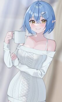 1girl ahoge blue_eyes breasts cleavage closed_mouth collarbone commentary_request cup hair_between_eyes highres holding holding_cup hololive long_sleeves looking_at_viewer medium_breasts off-shoulder_sweater off_shoulder richi_1214 short_hair smile solo sweater virtual_youtuber white_sweater yukihana_lamy