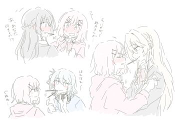 2girls amaori_renako black_hair blonde_hair blush closed_mouth commentary_request food hood hoodie koto_satsuki koyanagi_kaho long_hair looking_at_another medium_hair multiple_girls nick150iso ouzuka_mai pink_hair pocky pocky_kiss shared_food simple_background translation_request watashi_ga_koibito_ni_nareru_wake_naijan_murimuri! white_background yuri
