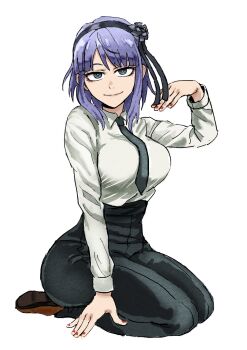 ass black_necktie blue_eyes breasts collared_shirt dagashi_kashi formal_clothes full_body highres large_breasts looking_at_viewer nail_polish necktie pants purple_hair reiquant ringed_eyes shidare_hotaru shirt shirt_tucked_in solo suit thighs white_background white_shirt